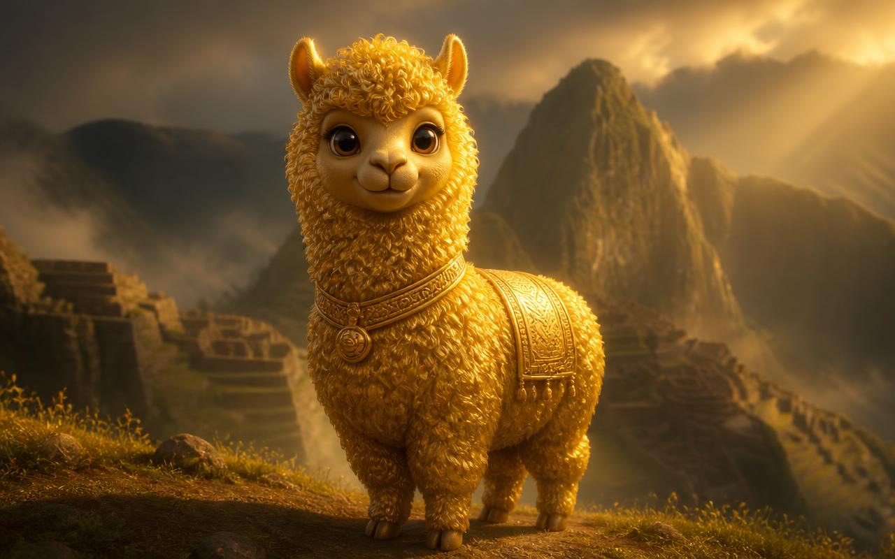 Goldy, the Golden Alpaca, standing in a sunlit mountain landscape
