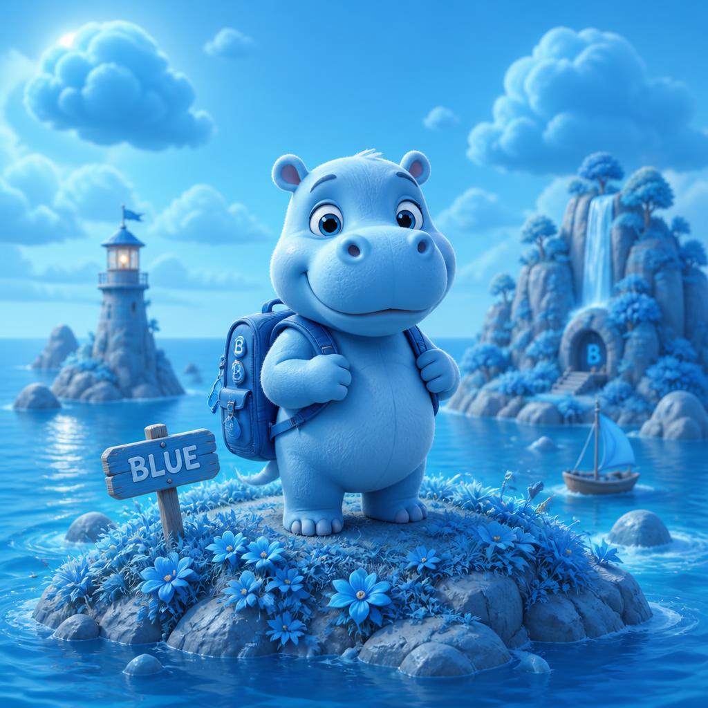 Blue the Blue Hippo, a friendly blue hippo from a small mysterious island in the middle of a great blue sea
